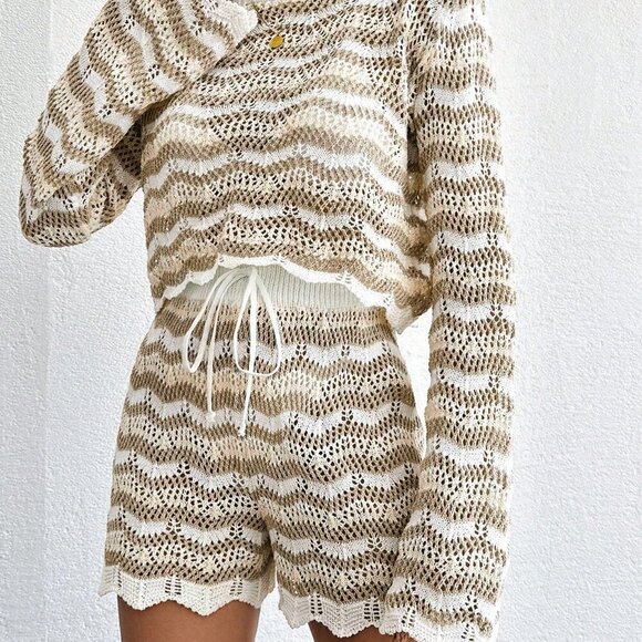 Multicolor Casual Women's Striped Hollow Out Knit Top & Shorts Cover Up Set - Picture 5 of 5